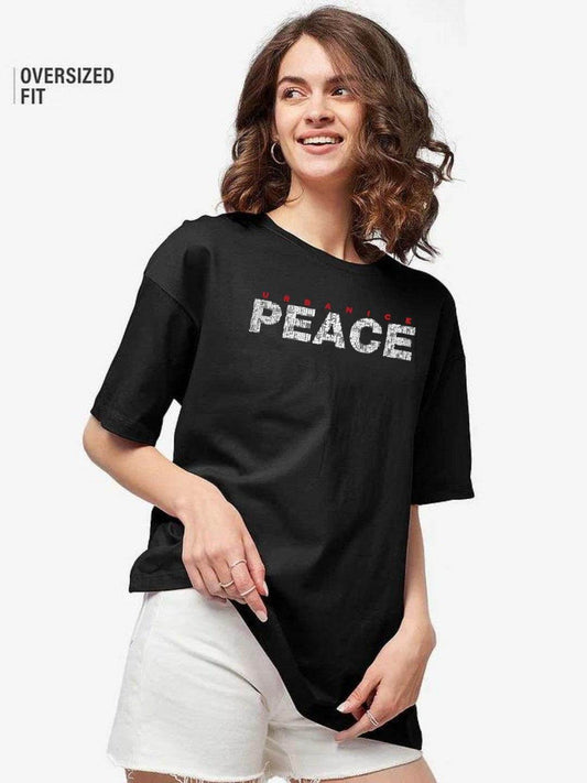 Women Black Peace Graphic Printed Oversize T-shirt - URBANICE