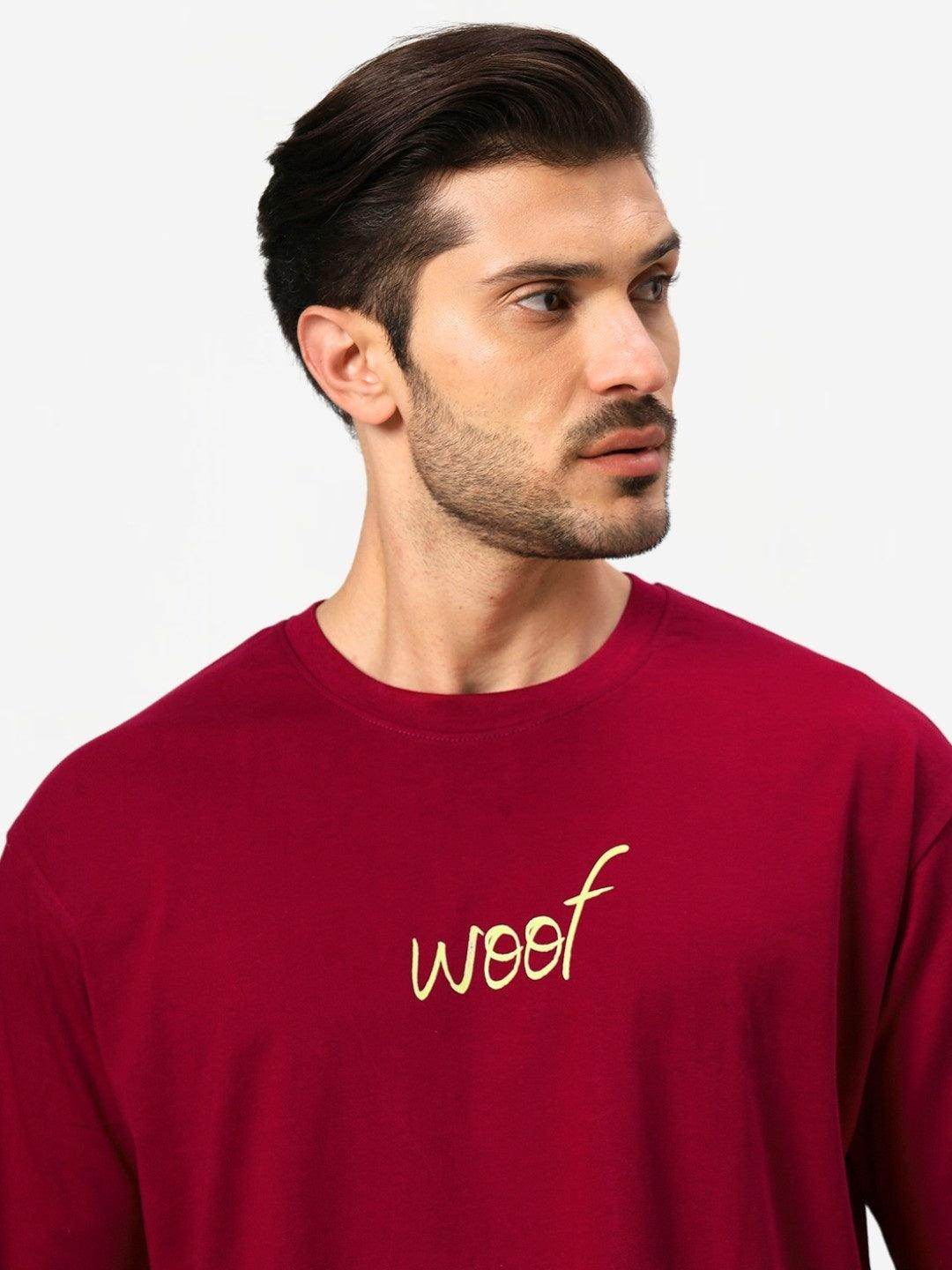 Men's Maroon Woof Dog Graphic Printed Oversized T-Shirt - URBANICE