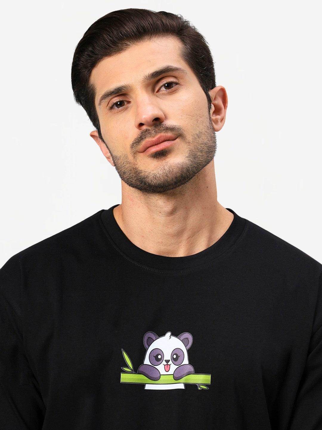 Men's Black Panda Graphic Printed Oversized T-Shirt - URBANICE
