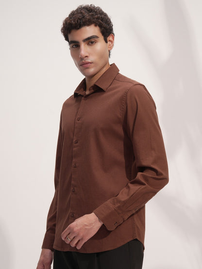 Men Brown Cotton Button Down Solid Shirt