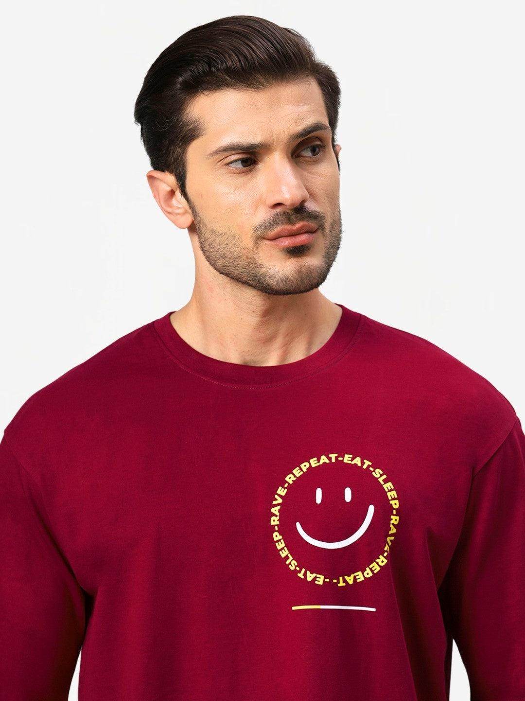 Men's Maroon Positive Graphic Printed Oversize T-Shirt - URBANICE