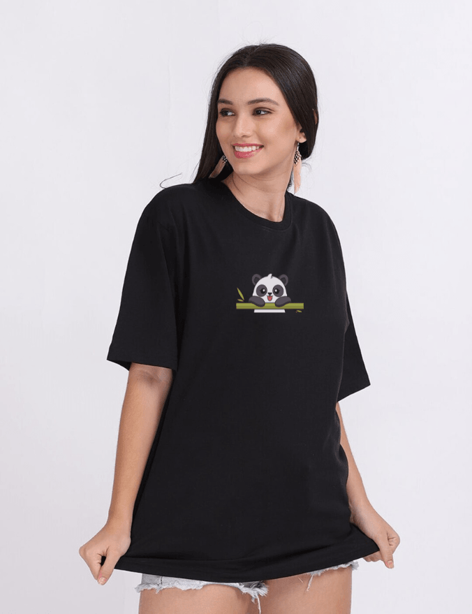 Women Eating Panda Graphic Printed Black Oversize T-shirt - URBANICE