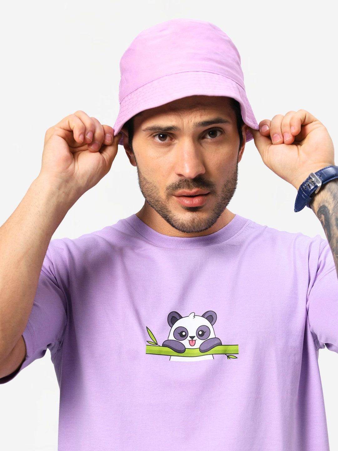 Men's Fluffy Panda Graphic Printed Lavender Oversized T-Shirt - URBANICE