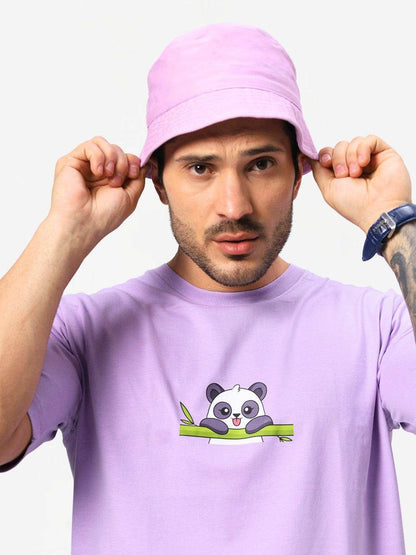 Men's Fluffy Panda Graphic Printed Lavender Oversized T-Shirt - URBANICE