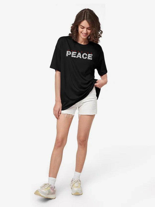 Women Black Peace Graphic Printed Oversize T-shirt - URBANICE