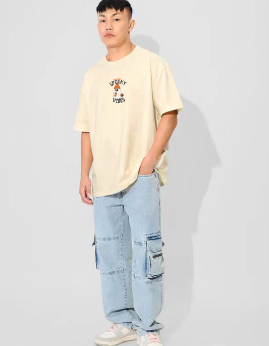 Men’s Beige Oversized T-shirt with Spooky Vibes Ghost Print