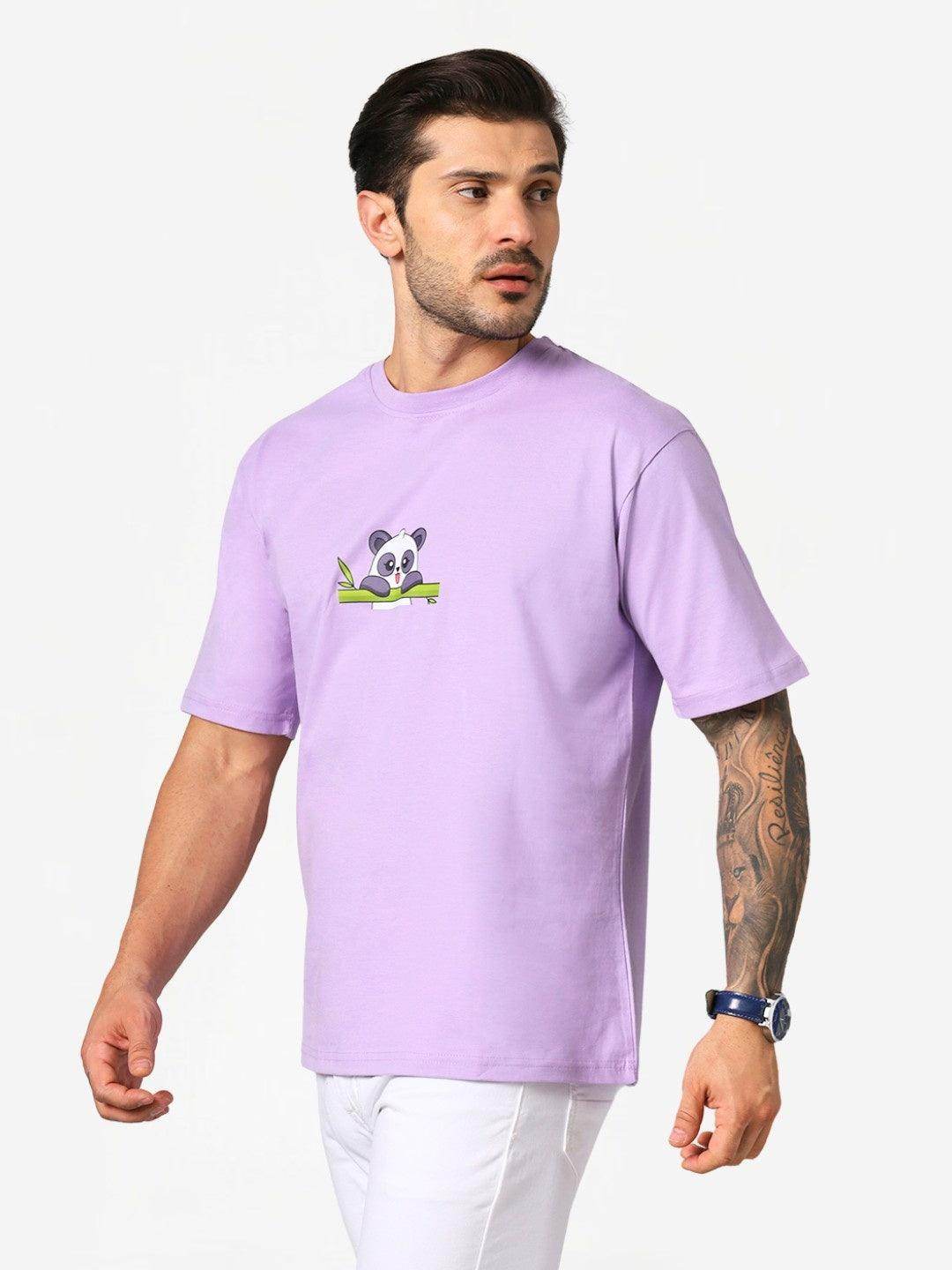 Men's Fluffy Panda Graphic Printed Lavender Oversized T-Shirt - URBANICE