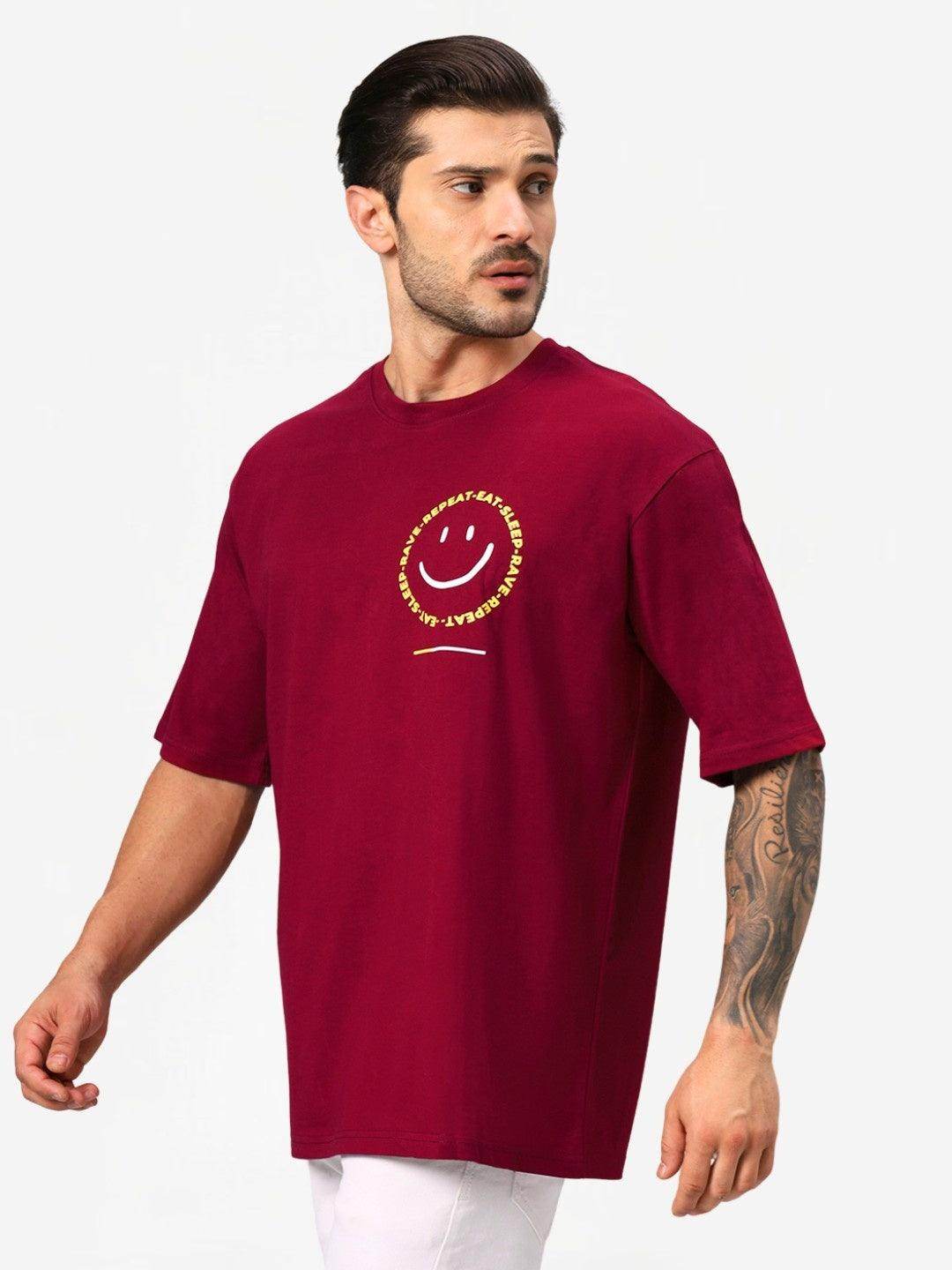 Men's Maroon Positive Graphic Printed Oversize T-Shirt - URBANICE