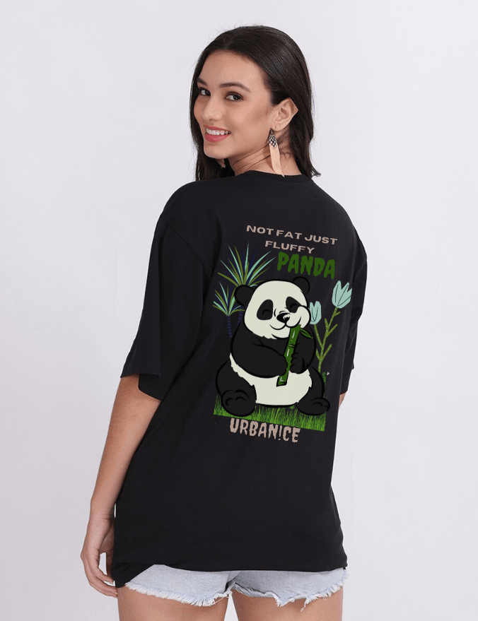 Women Eating Panda Graphic Printed Black Oversize T-shirt - URBANICE