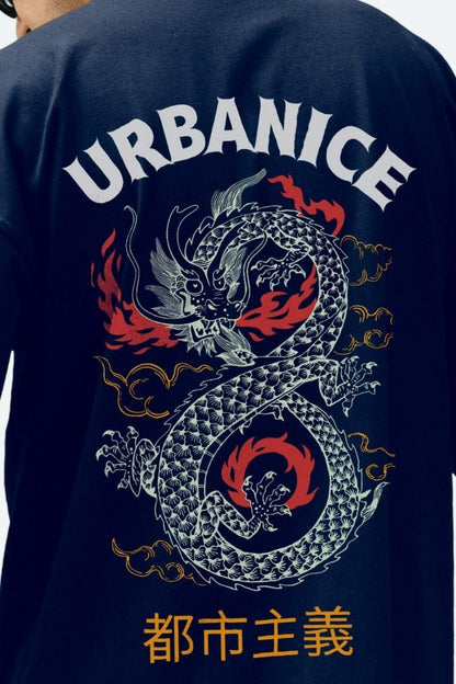  Urbanice Men's Eight Dragon Back Graphic Printed Oversize T-shirt