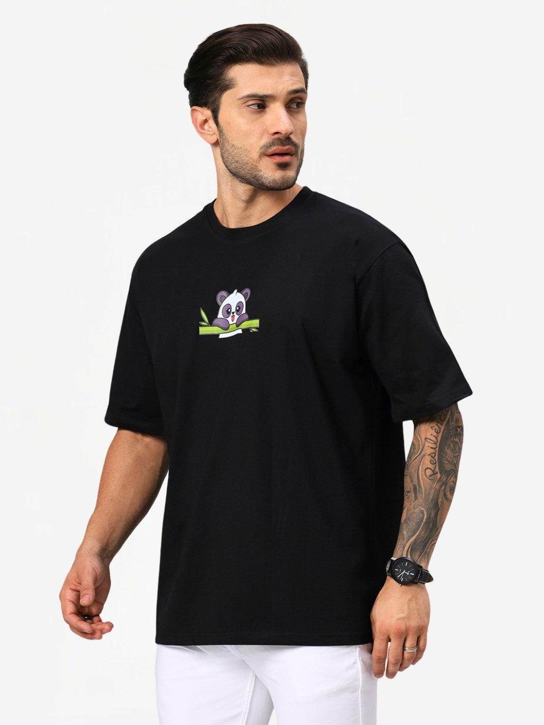 Men's Black Panda Graphic Printed Oversized T-Shirt - URBANICE