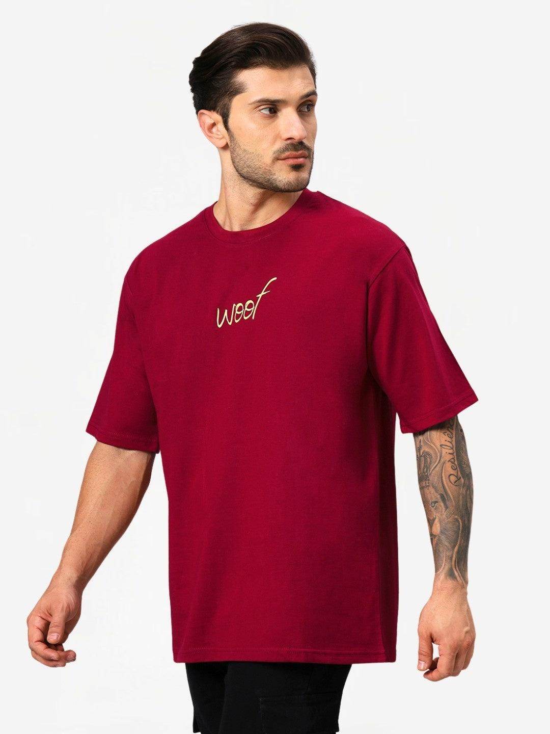 Men's Maroon Woof Dog Graphic Printed Oversized T-Shirt - URBANICE