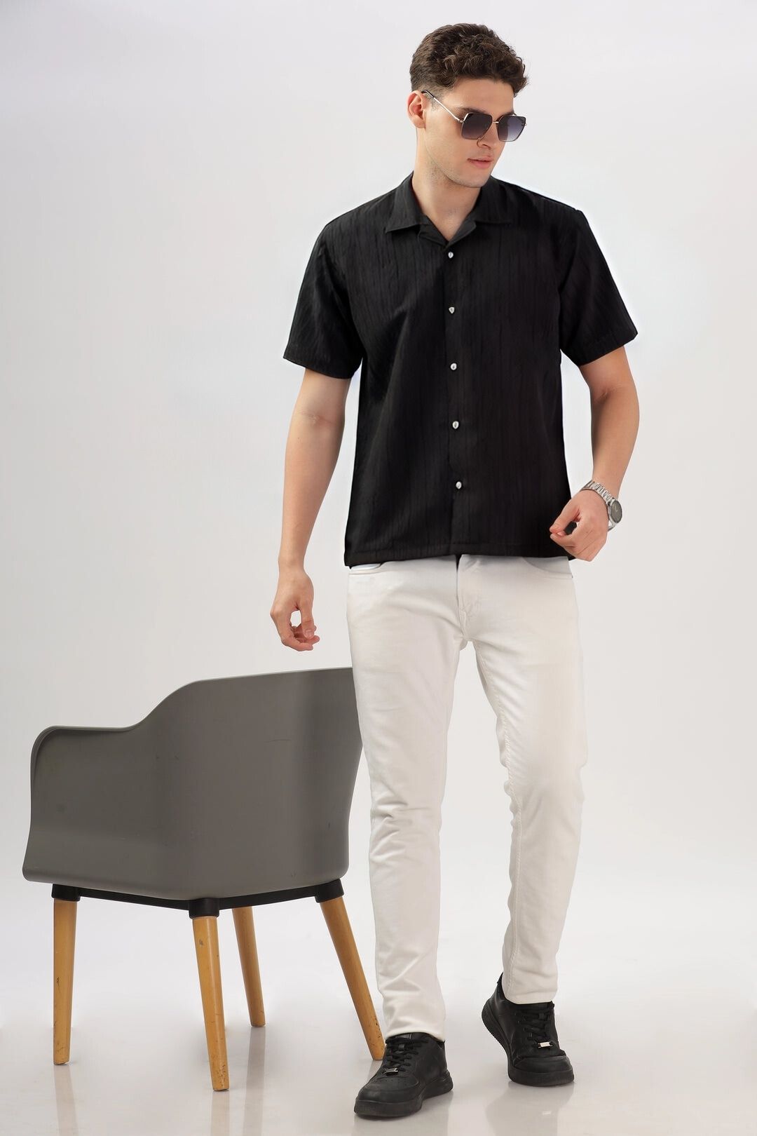 Men's Black Half Sleeve Light Wight Texture Shirt
