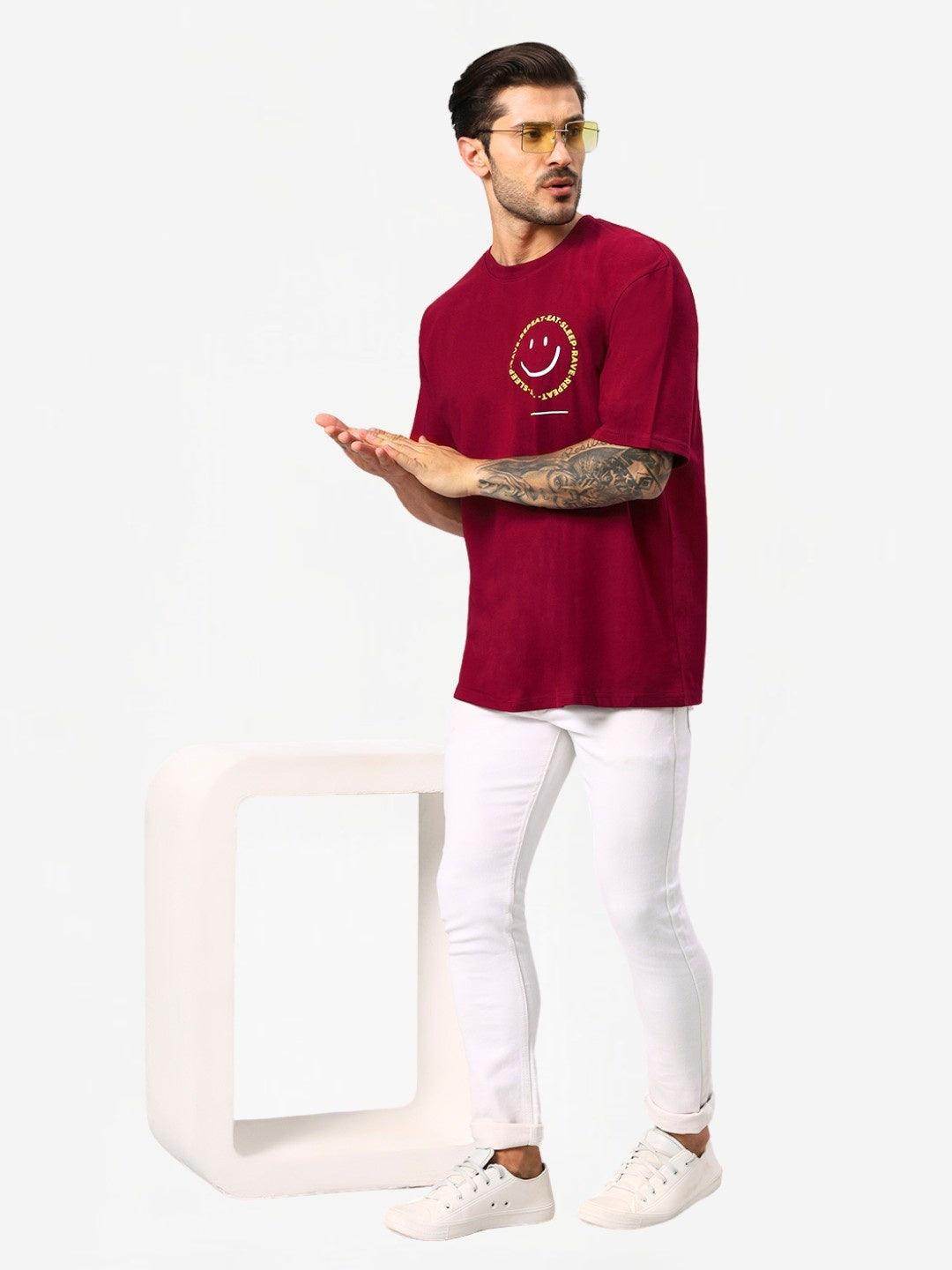 Men's Maroon Positive Graphic Printed Oversize T-Shirt - URBANICE