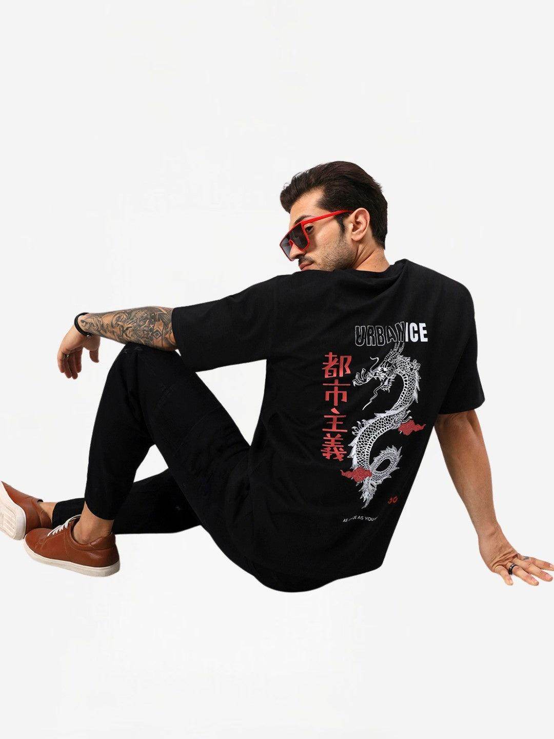 Men's Black UrbanIce Dragon Graphic Oversized T-Shirt - URBANICE
