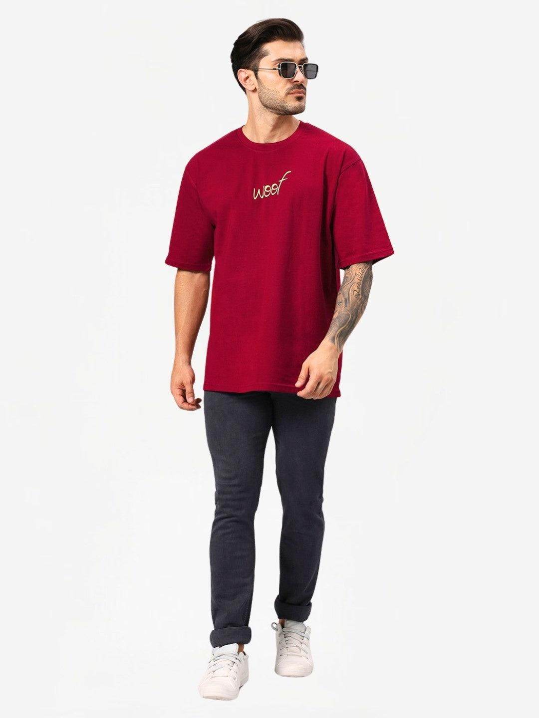 Men's Maroon Woof Dog Graphic Printed Oversized T-Shirt - URBANICE