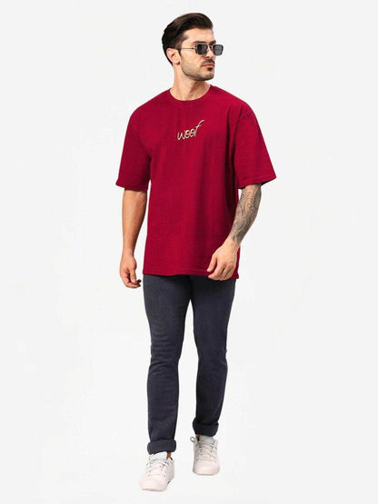 Men's Maroon Woof Dog Graphic Printed Oversized T-Shirt - URBANICE