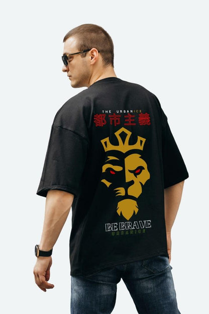 Men's Be Brave Lion Black Back Graphic Printed Oversize Tshirt