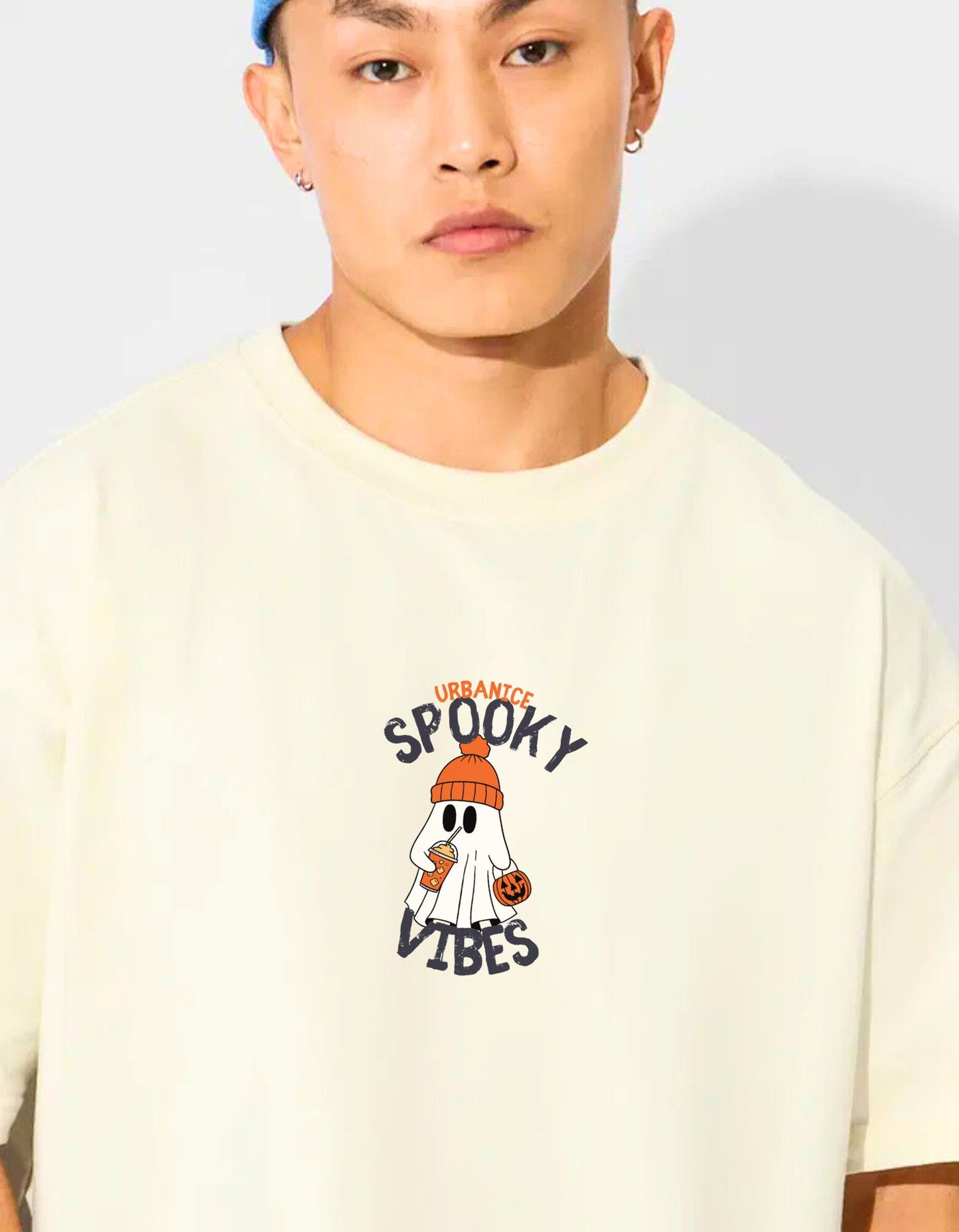 Men’s Beige Oversized T-shirt with Spooky Vibes Ghost Print