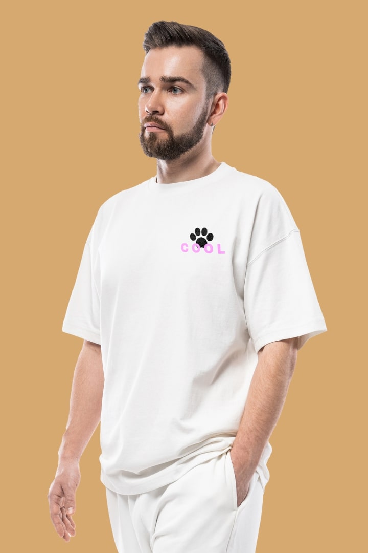 Men's Be Cool Dog White Front Graphic Printed Oversize T-shirt