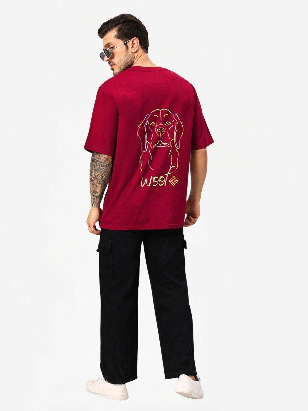 Men's Maroon Woof Dog Graphic Printed Oversized T-Shirt - URBANICE