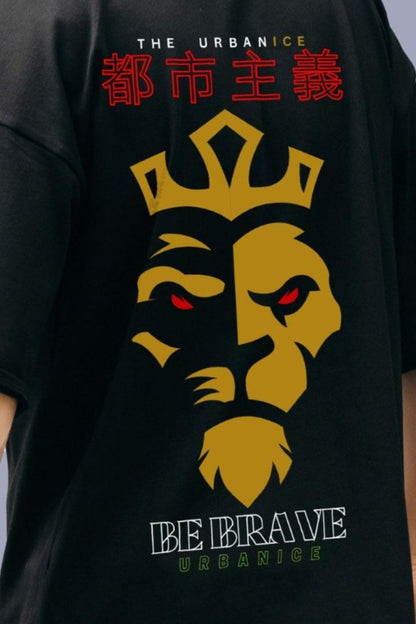 Men's Be Brave Lion Black Back Graphic Printed Oversize Tshirt