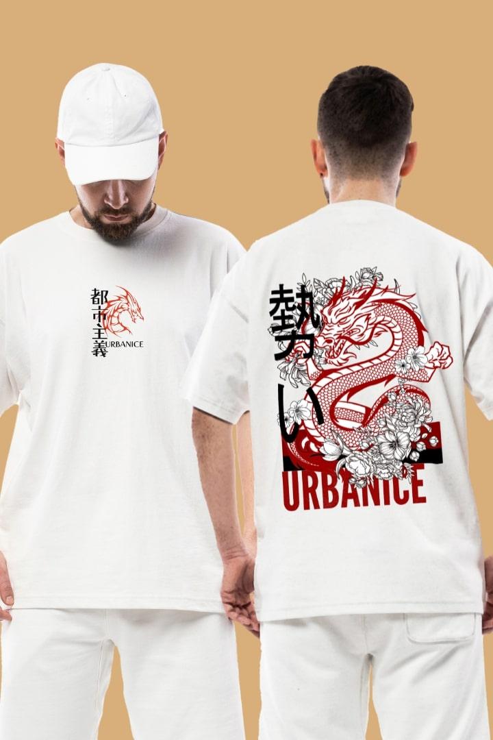  Urbanice Men's Red Dragon Front And Back Graphic Printed Oversize Tshirt