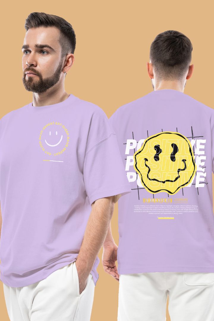 MEN'S URBANICE LAVENDER POSITIVE EMOJI OVERSIZE TSHIRT FRONT AND BACK DESIGN TSHIRT