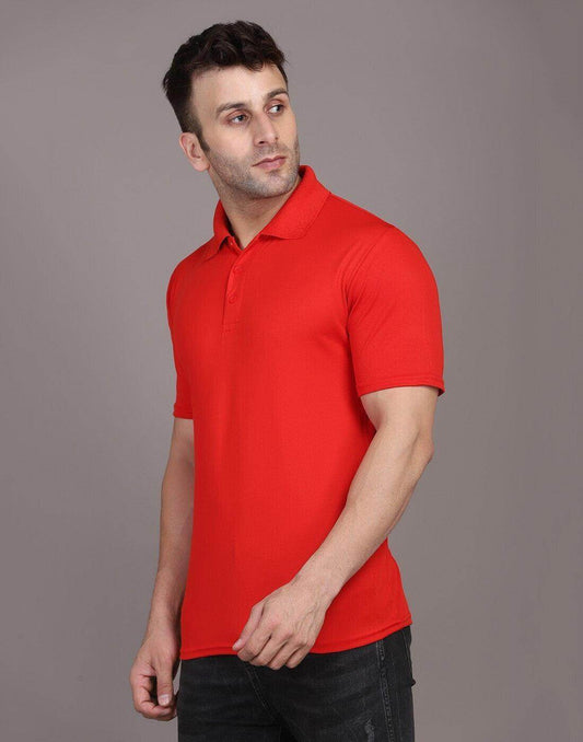Men Solid Polo Neck Polyster Blend Red T-Shirt - URBANICE