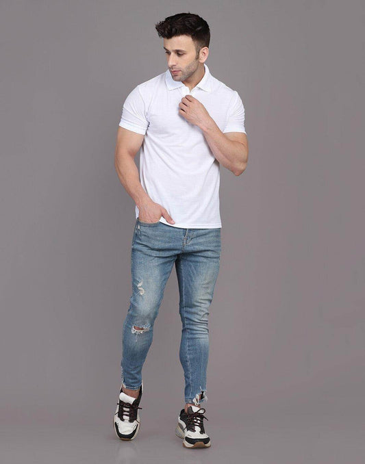 Men Solid Polo Neck Polyster Blend White T-Shirt - URBANICE
