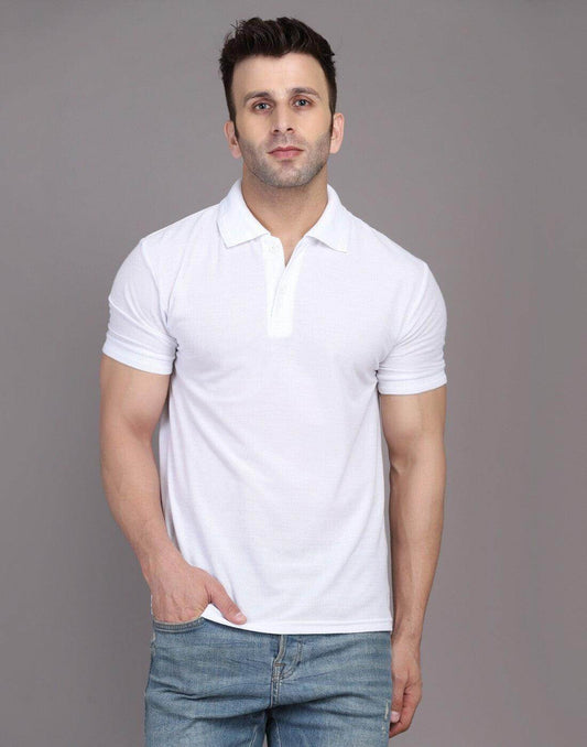 Men Solid Polo Neck Polyster Blend White T-Shirt - URBANICE