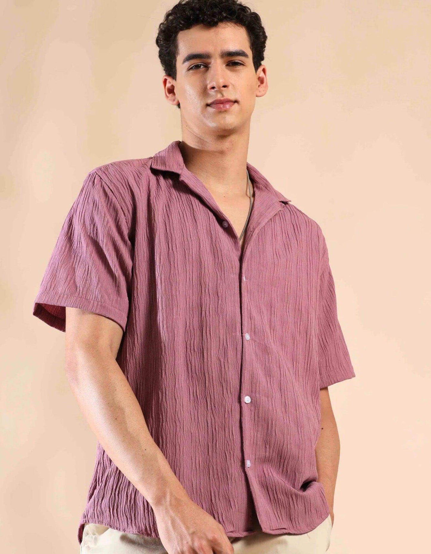 Men's Pale Pink Half Sleeve Light Weight Texture Shirt - URBANICE