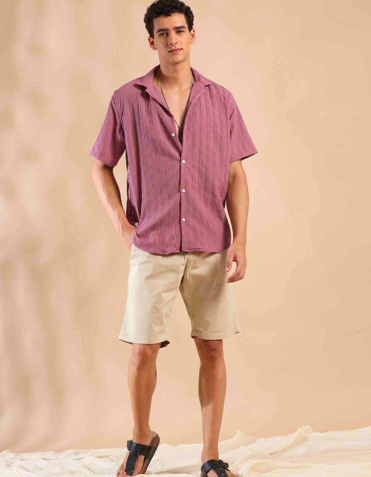 Men's Pale Pink Half Sleeve Light Weight Texture Shirt - URBANICE