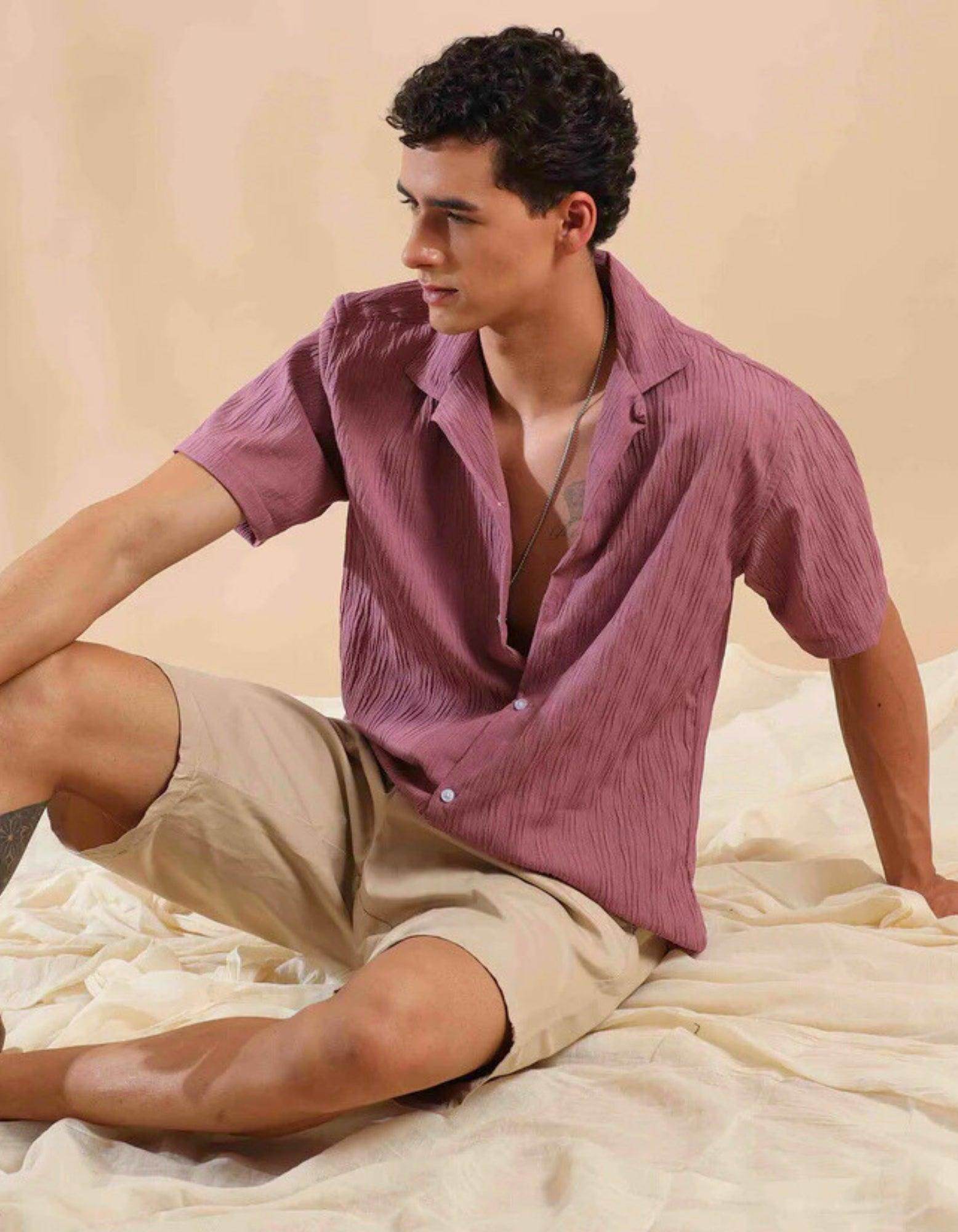 Men's Pale Pink Half Sleeve Light Weight Texture Shirt - URBANICE