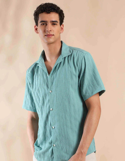 Men's Green Half Sleeve Light Weight Texture Shirt - URBANICE