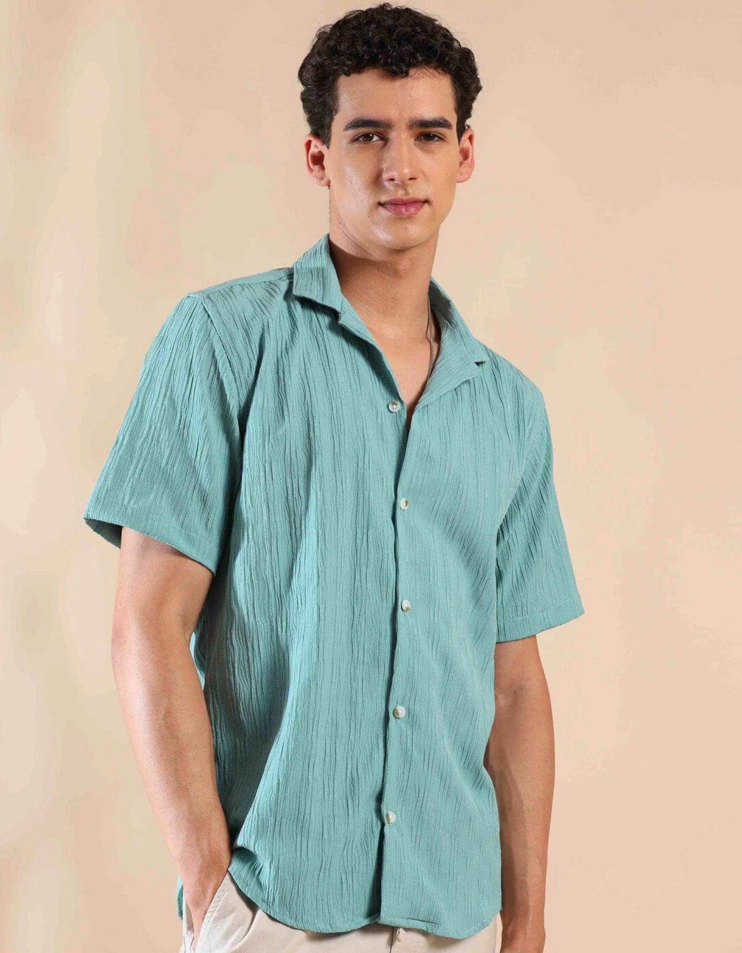 Men's Green Half Sleeve Light Weight Texture Shirt - URBANICE