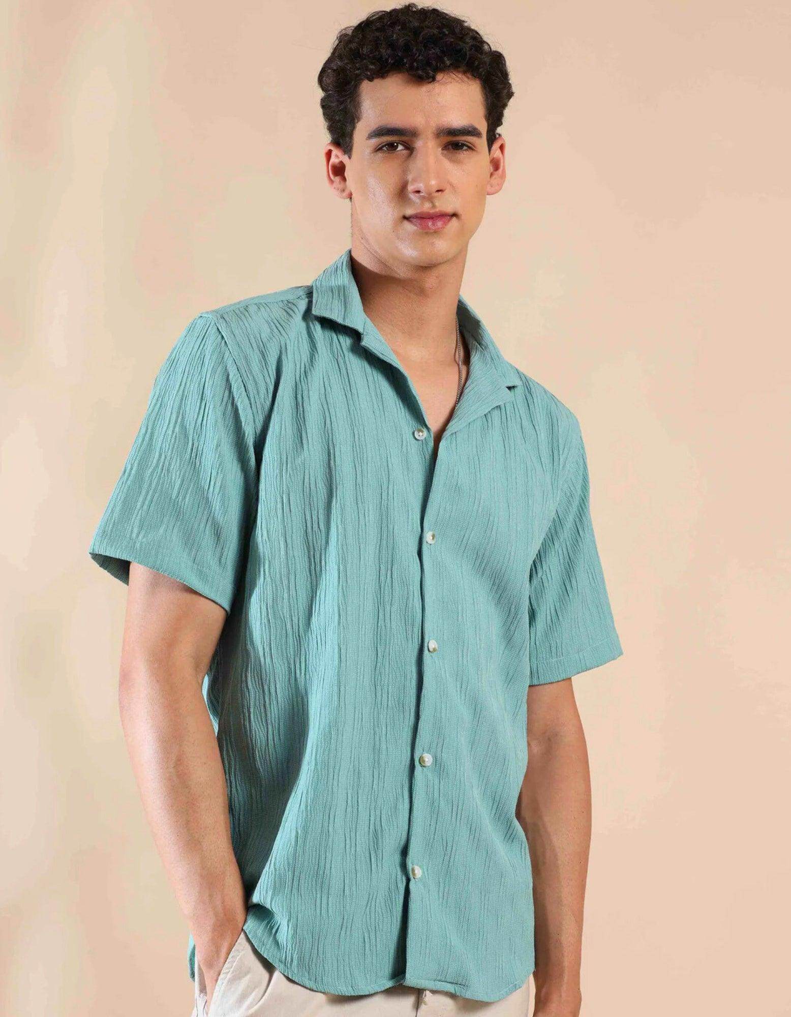 Men's Green Half Sleeve Light Weight Texture Shirt - URBANICE