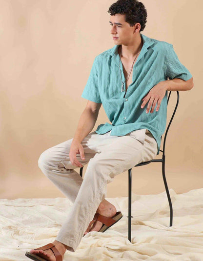 Men's Green Half Sleeve Light Weight Texture Shirt - URBANICE