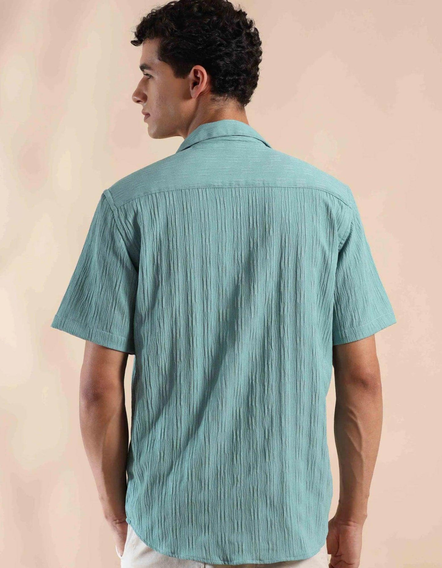 Men's Green Half Sleeve Light Weight Texture Shirt - URBANICE