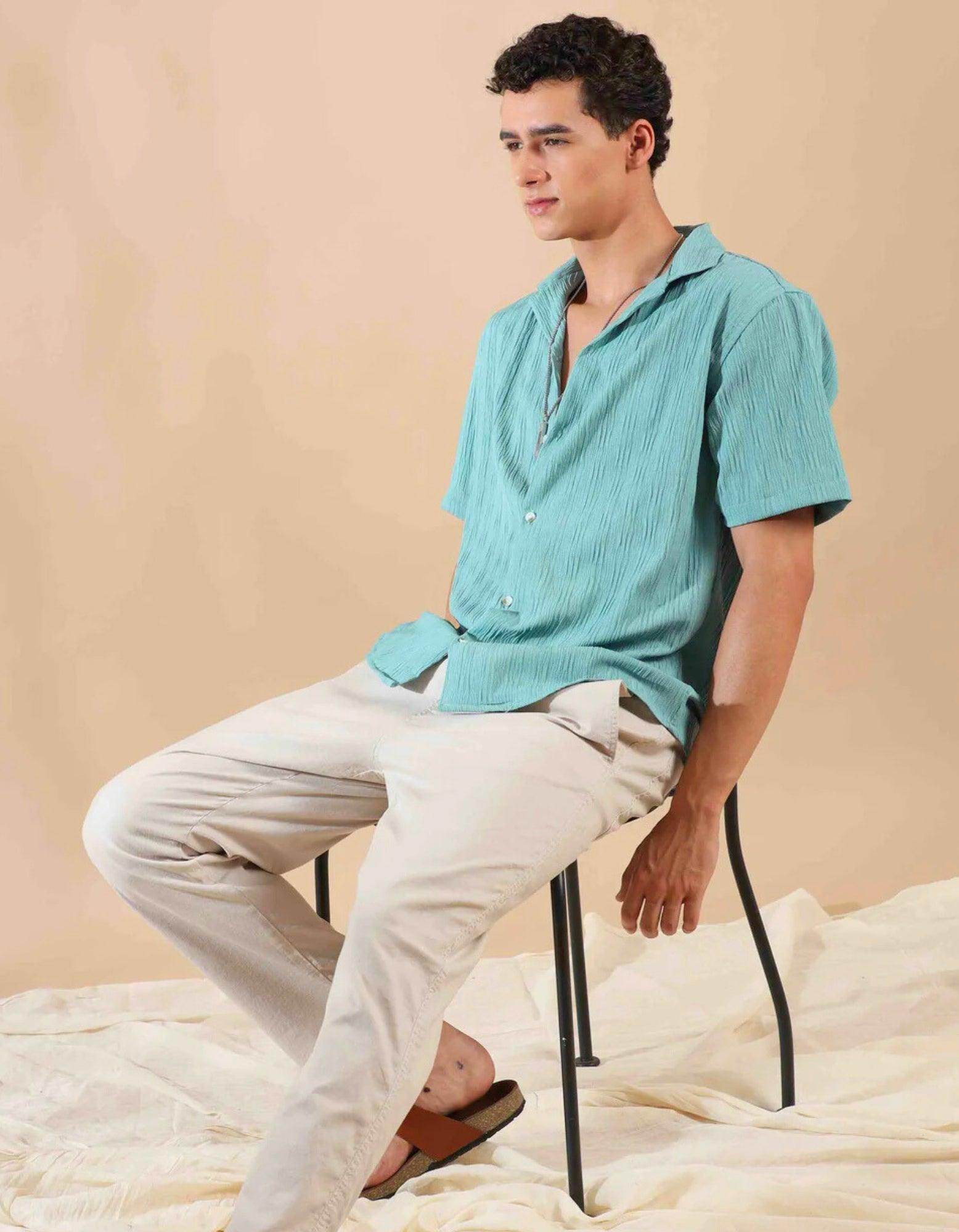 Men's Green Half Sleeve Light Weight Texture Shirt - URBANICE