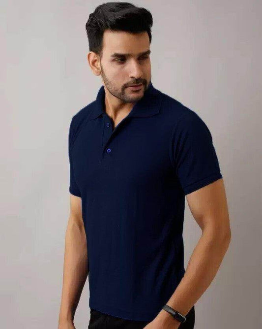 Men Solid Polo Neck Polyster Blend Navy Blue T-Shirt - URBANICE