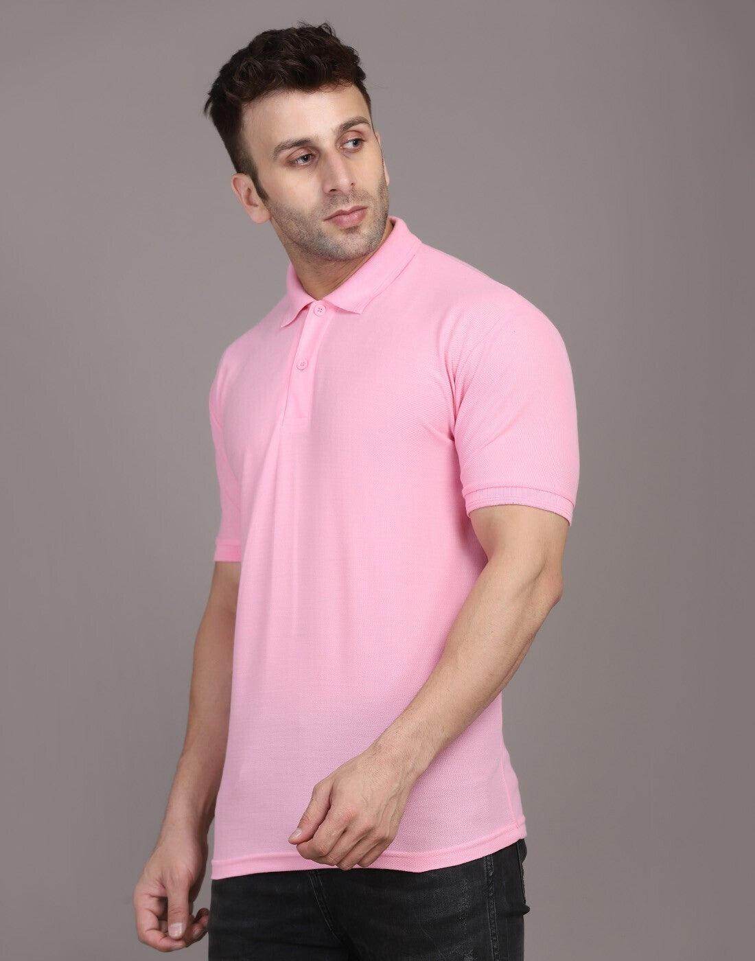 Men Solid Polo Neck Polyster Blend Pink T-Shirt - URBANICE