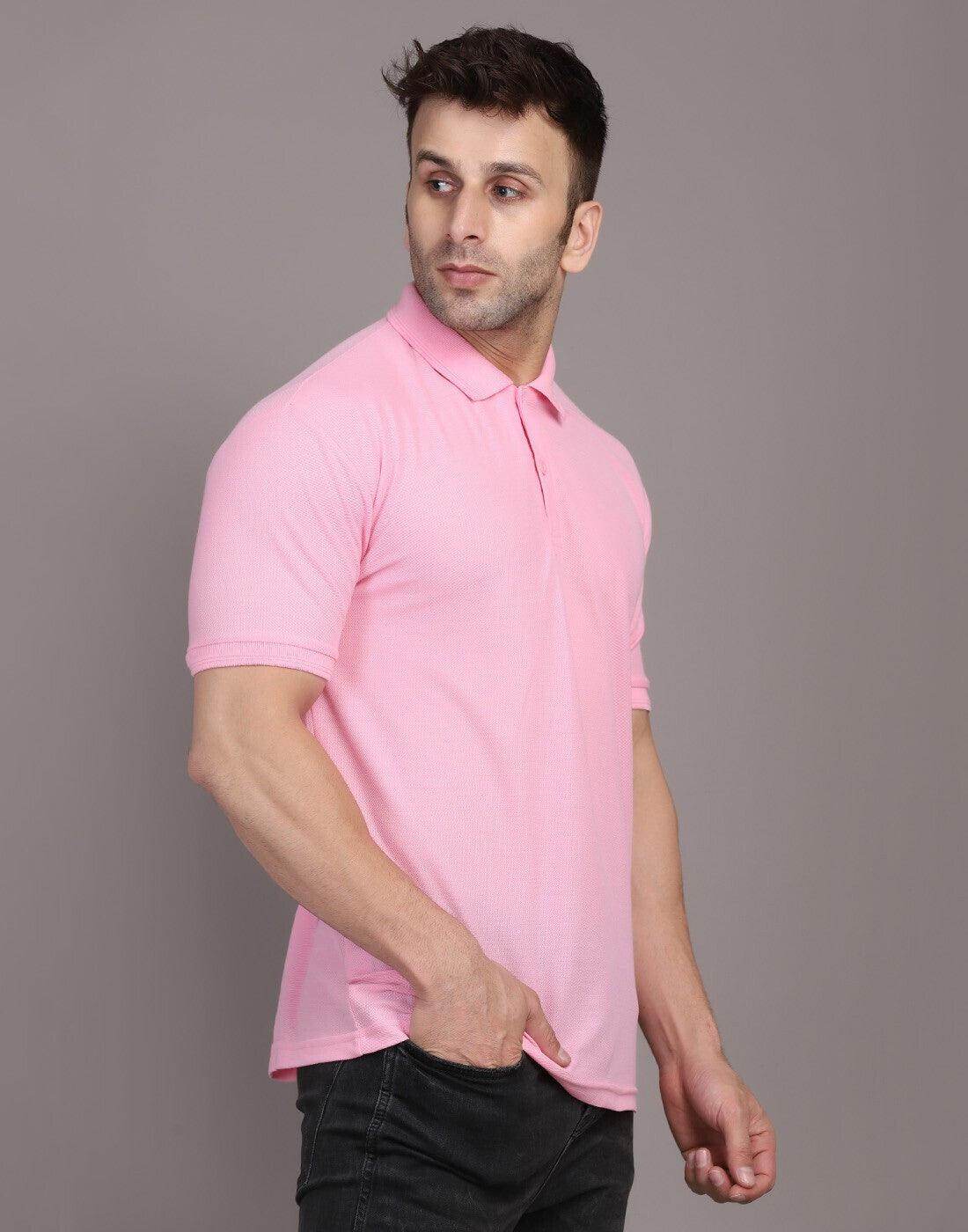 Men Solid Polo Neck Polyster Blend Pink T-Shirt - URBANICE
